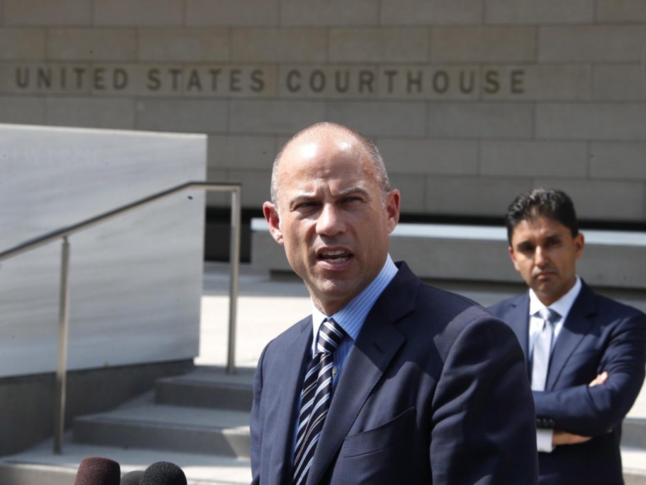 Adult actress Storm Daniel's attorney Michael Avenatti talks to the media